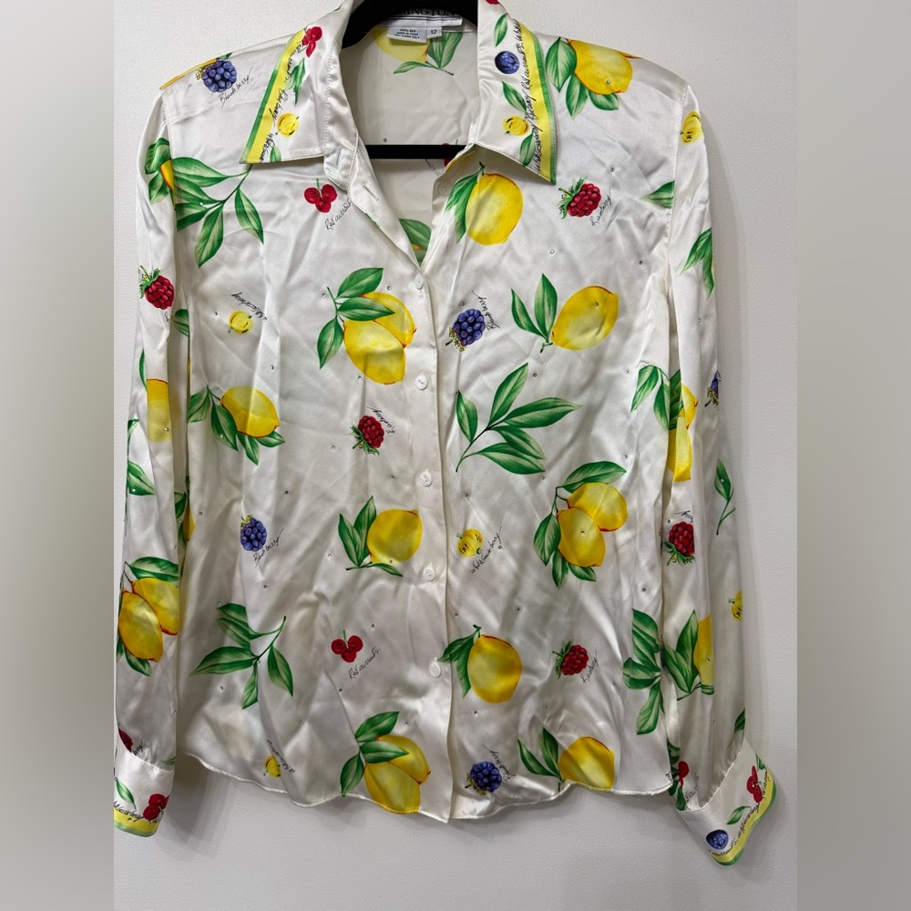 Starington Vintage Fruit Print Silk Button Up Blouse - Picture 4 of 7